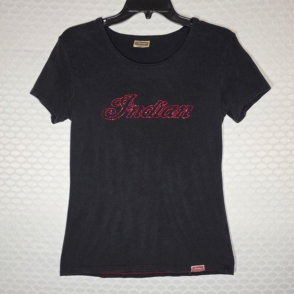 Indian Motorcycle Black T-Shirt Red Rhinestone Logo Graphic Tee Womens Medium